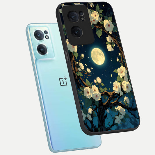 Celestial Moon And Flower phone case For Oneplus Nord CE2 showing premium glass back cover with detailed artwork