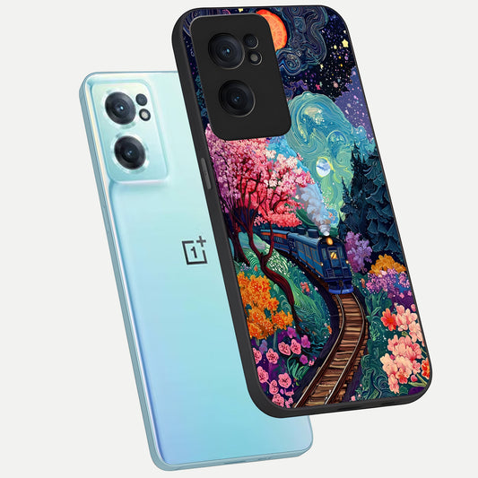Celestial Train Journey phone case For Oneplus Nord CE2 showing premium glass back cover with detailed artwork