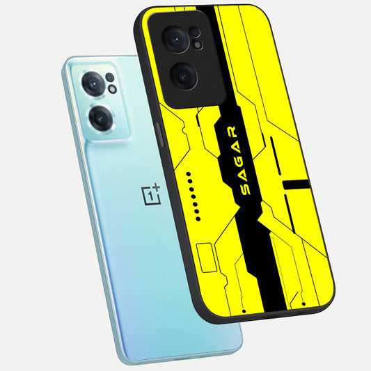 Circuit CYBERPUNK Custom Name phone case For Oneplus Nord CE2 showing premium glass back cover with detailed artwork