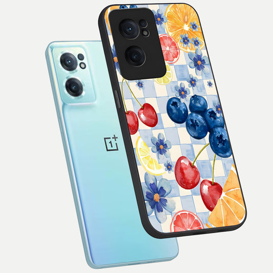 Citrus Bloom Joy phone case For Oneplus Nord CE2 showing premium glass back cover with detailed artwork