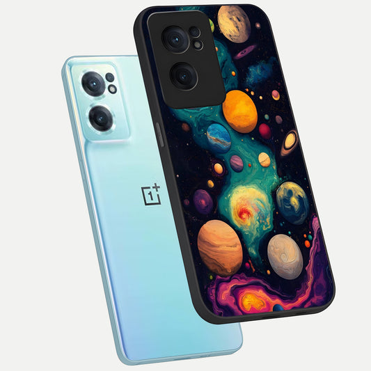 Cosmic Planet Journey phone case For Oneplus Nord CE2 showing premium glass back cover with detailed artwork