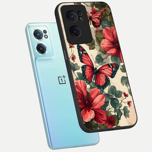 Crimson Butterfly Garden phone case For Oneplus Nord CE2 showing premium glass back cover with detailed artwork
