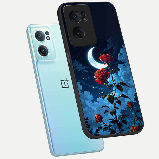 Crimson Rose Moon phone case For Oneplus Nord CE2 showing premium glass back cover with detailed artwork