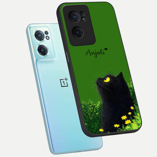 Emerald Cat Custom Name phone case For Oneplus Nord CE2 showing premium glass back cover with detailed artwork
