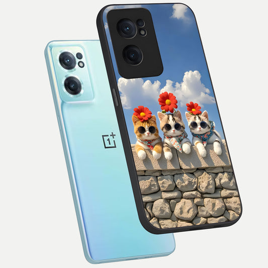 Floral Kitty Squad phone case For Oneplus Nord CE2 showing premium glass back cover with detailed artwork