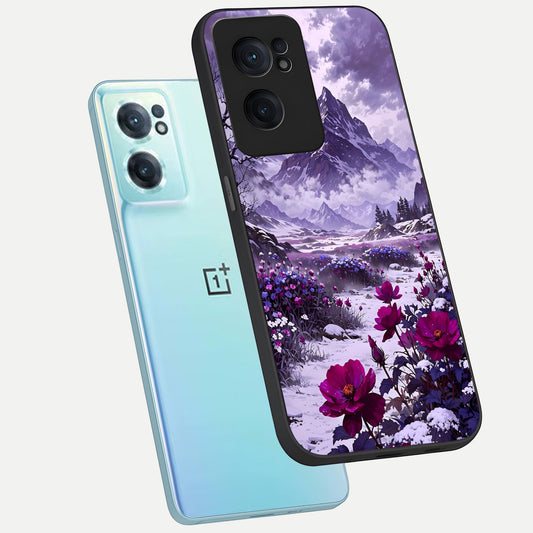 Flower Mountain View phone case For Oneplus Nord CE2 showing premium glass back cover with detailed artwork