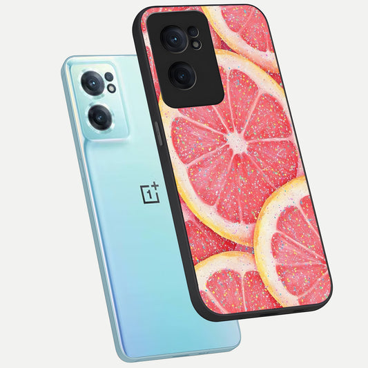 Glitter Grapefruit phone case For Oneplus Nord CE2 showing premium glass back cover with detailed artwork