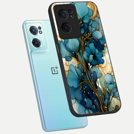 Golden Bloom Symphony phone case For Oneplus Nord CE2 showing premium glass back cover with detailed artwork