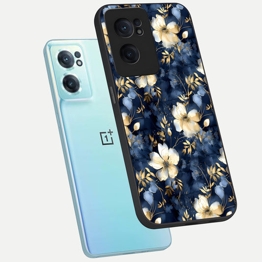Golden Midnight Bloom phone case For Oneplus Nord CE2 showing premium glass back cover with detailed artwork