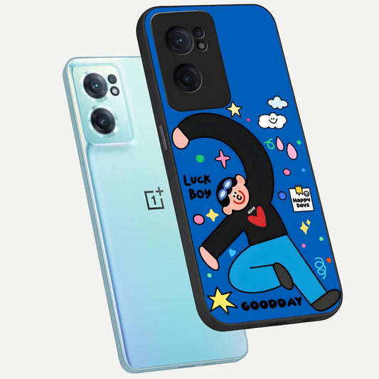 Happy Luck Vibe phone case For Oneplus Nord CE2 showing premium glass back cover with detailed artwork