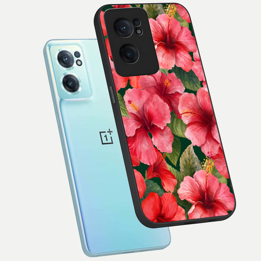 Hibiscus Pattern phone case For Oneplus Nord CE2 showing premium glass back cover with detailed artwork