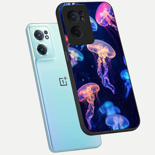 Jellyfish Pattern phone case For Oneplus Nord CE2 showing premium glass back cover with detailed artwork