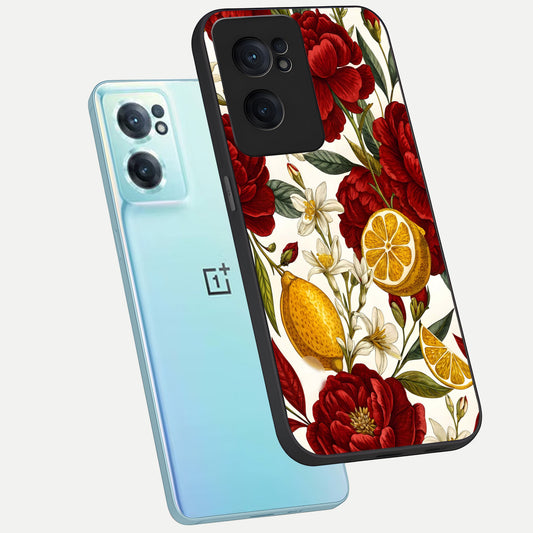Lemon Rose Charm phone case For Oneplus Nord CE2 showing premium glass back cover with detailed artwork