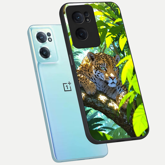 Leopard in Jungle phone case For Oneplus Nord CE2 showing premium glass back cover with detailed artwork