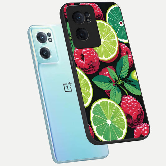 Lime and Raspberry Pattern phone case For Oneplus Nord CE2 showing premium glass back cover with detailed artwork