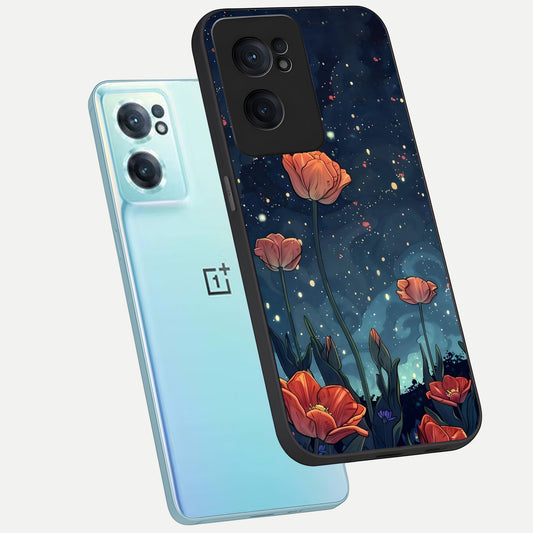 Midnight Tulip Glow phone case For Oneplus Nord CE2 showing premium glass back cover with detailed artwork
