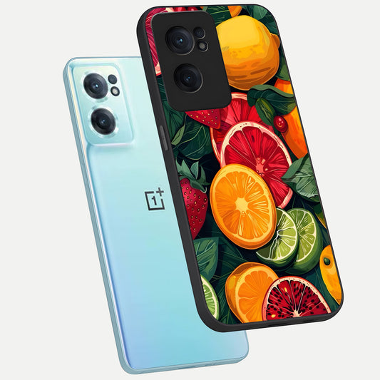Multiple Fruits phone case For Oneplus Nord CE2 showing premium glass back cover with detailed artwork
