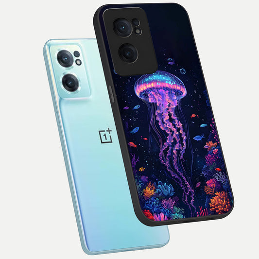 Neon Jellyfish phone case For Oneplus Nord CE2 showing premium glass back cover with detailed artwork