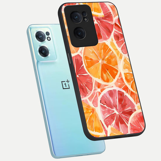 Orange Fruits Pattern phone case For Oneplus Nord CE2 showing premium glass back cover with detailed artwork