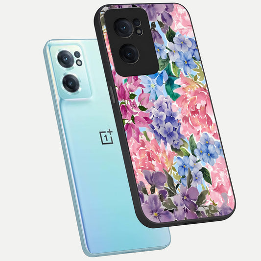 Pastel Floral Mix phone case For Oneplus Nord CE2 showing premium glass back cover with detailed artwork