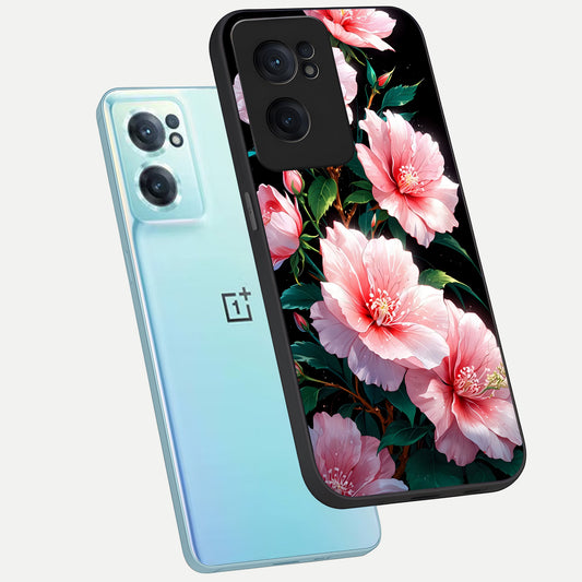 Peach Flower phone case For Oneplus Nord CE2 showing premium glass back cover with detailed artwork