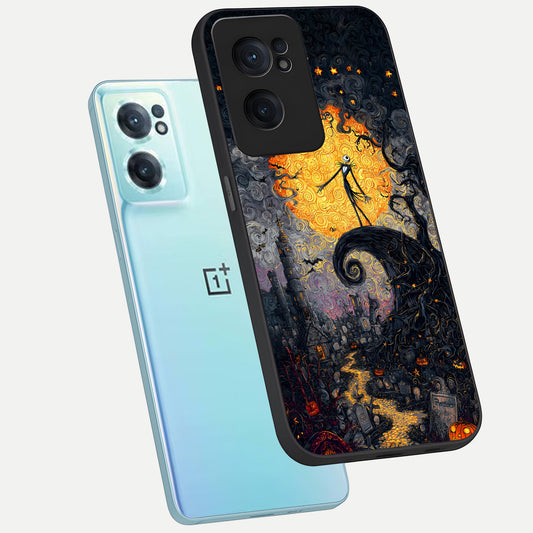 Pumpkin Moon Night phone case For Oneplus Nord CE2 showing premium glass back cover with detailed artwork
