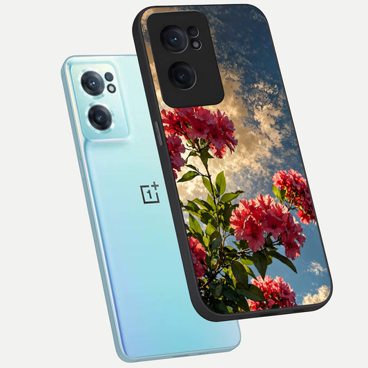 Red Bloom Skies phone case For Oneplus Nord CE2 showing premium glass back cover with detailed artwork