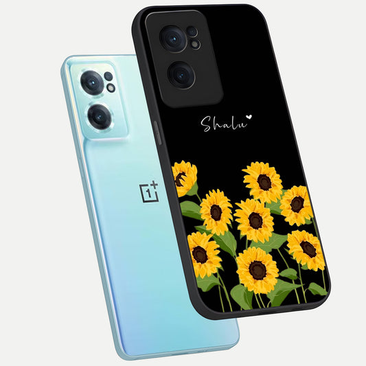 Sunflower Sky Bloom phone case For Oneplus Nord CE2 showing premium glass back cover with detailed artwork