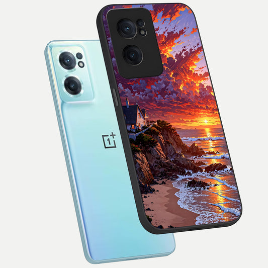 Sunset House By Sea phone case For Oneplus Nord CE2 showing premium glass back cover with detailed artwork
