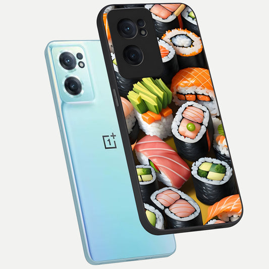 Sushi Food Pattern phone case For Oneplus Nord CE2 showing premium glass back cover with detailed artwork