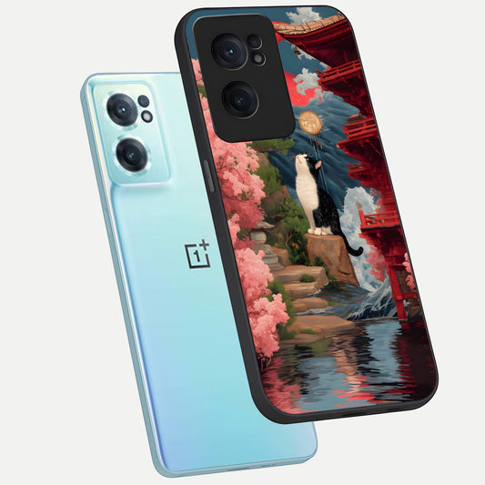 Temple Cat Scenery phone case For Oneplus Nord CE2 showing premium glass back cover with detailed artwork