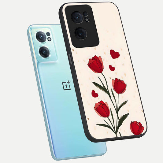 Tulip With Heart phone case For Oneplus Nord CE2 showing premium glass back cover with detailed artwork