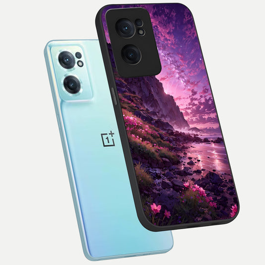 Twilight Blossom Coast phone case For Oneplus Nord CE2 showing premium glass back cover with detailed artwork