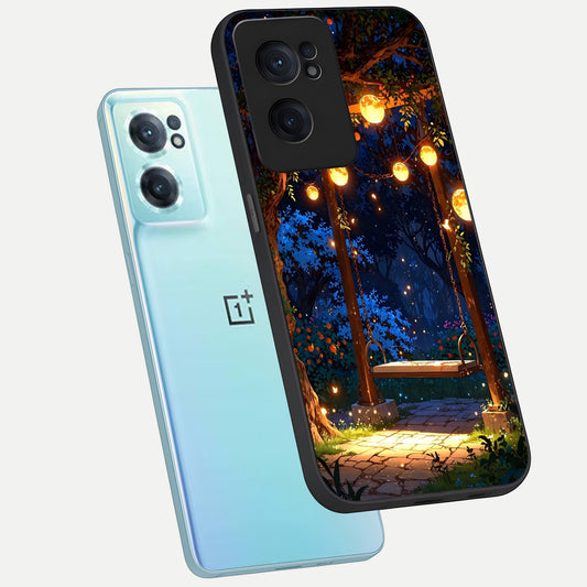 Twilight Garden Swing phone case For Oneplus Nord CE2 showing premium glass back cover with detailed artwork