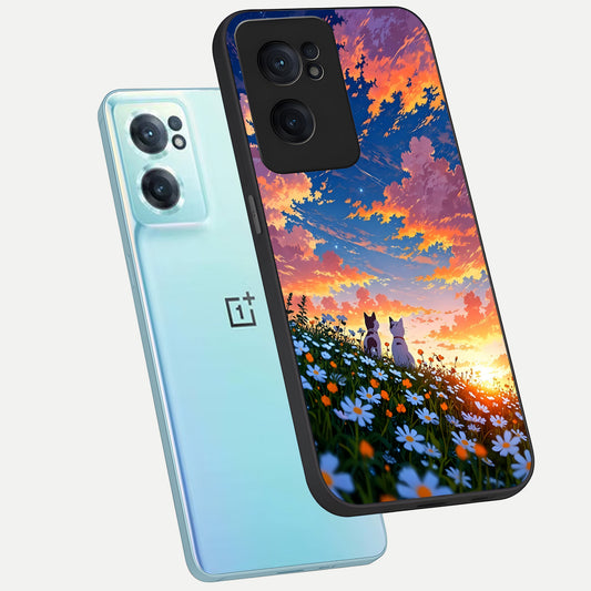 Two Cats Friends phone case For Oneplus Nord CE2 showing premium glass back cover with detailed artwork