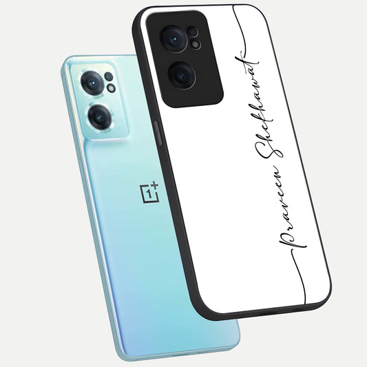 White Tune Custom Name phone case For Oneplus Nord CE2 showing premium custom name glass back cover