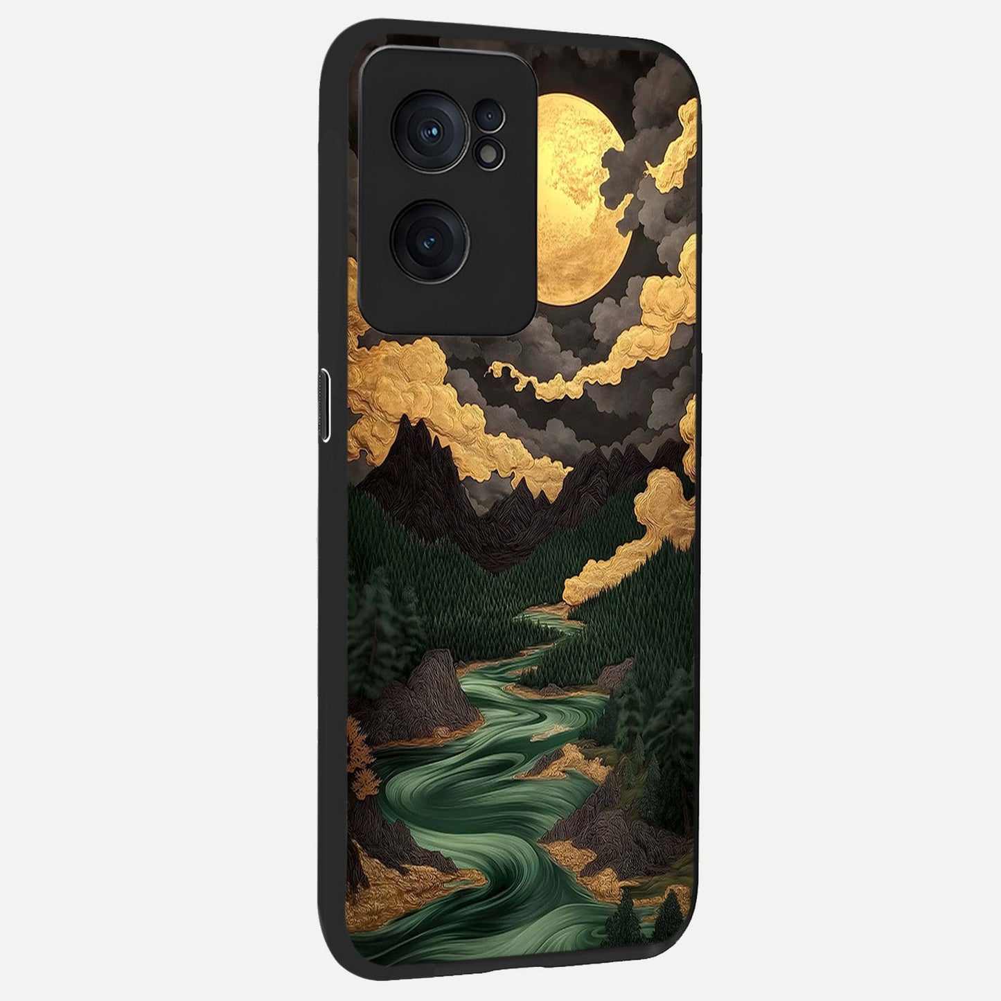 Golden River Moon back cover For Oneplus Nord CE2 slim fit glass case with vibrant aesthetic design