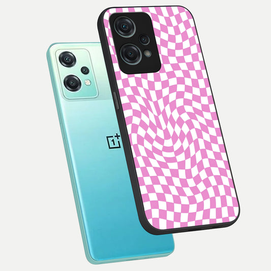 Bubblegum Check Wave phone case For Oneplus Nord CE2 Lite showing premium glass back cover with detailed artwork