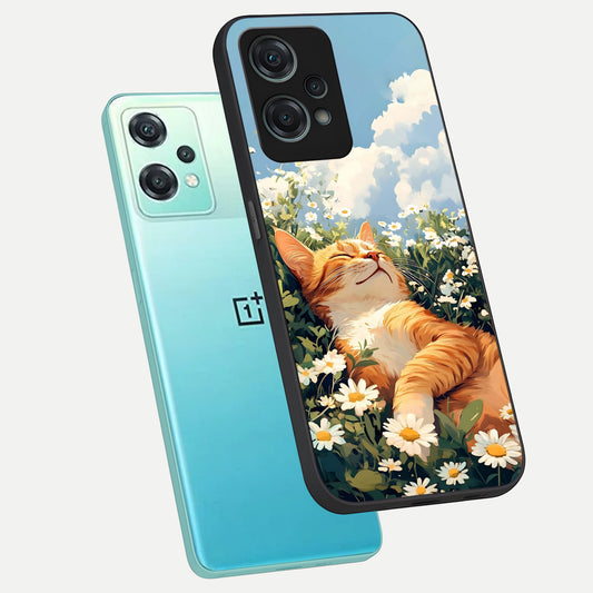 Cat And Flowers View phone case For Oneplus Nord CE2 Lite showing premium glass back cover with detailed artwork