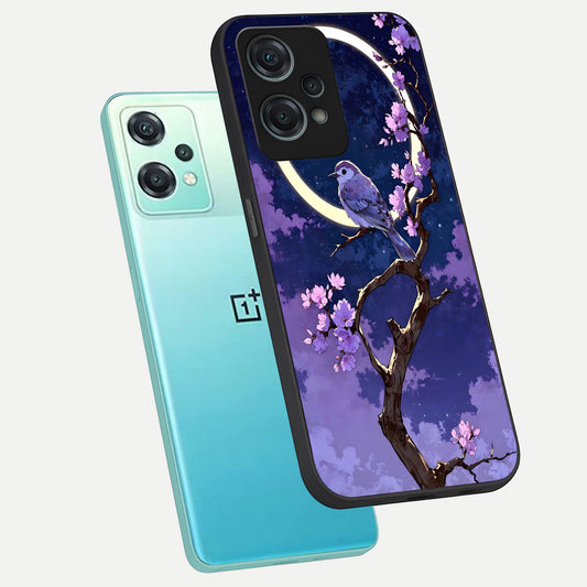 Celestial Bird Blossom phone case For Oneplus Nord CE2 Lite showing premium glass back cover with detailed artwork