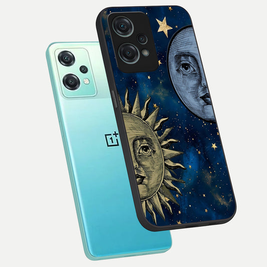 Celestial Moon With Sun phone case For Oneplus Nord CE2 Lite showing premium glass back cover with detailed artwork