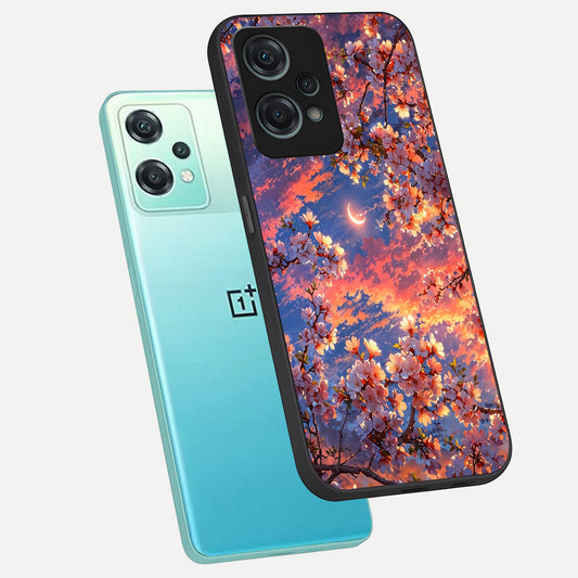 Celestial Sakura Sunset phone case For Oneplus Nord CE2 Lite showing premium glass back cover with detailed artwork