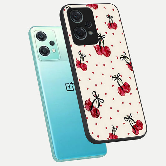 Cherry Heart Bow phone case For Oneplus Nord CE2 Lite showing premium glass back cover with detailed artwork
