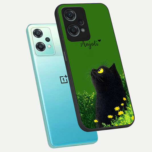 Emerald Cat Custom Name phone case For Oneplus Nord CE2 Lite showing premium glass back cover with detailed artwork