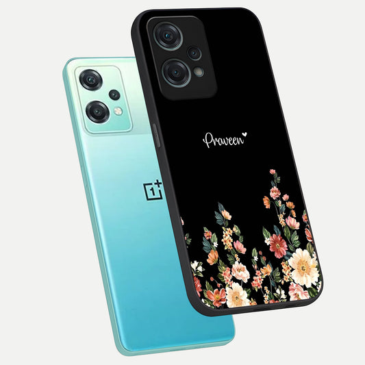Floral Design Personalized Custom Name phone case For Oneplus Nord CE2 Lite showing premium glass back cover with detailed artwork