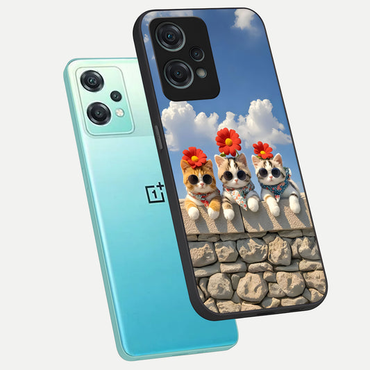 Floral Kitty Squad phone case For Oneplus Nord CE2 Lite showing premium glass back cover with detailed artwork