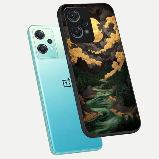 Golden River Moon phone case For Oneplus Nord CE2 Lite showing premium glass back cover with detailed artwork