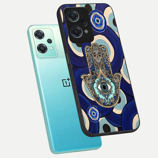 Hamsa Divine Guard phone case For Oneplus Nord CE2 Lite showing premium glass back cover with detailed artwork