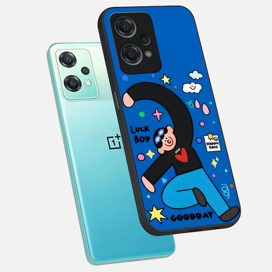 Happy Luck Vibe phone case For Oneplus Nord CE2 Lite showing premium glass back cover with detailed artwork