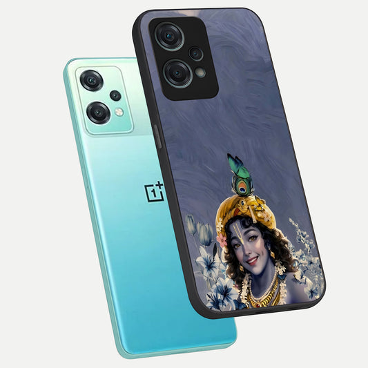 Lord Krishna phone case For Oneplus Nord CE2 Lite showing premium glass back cover with detailed artwork